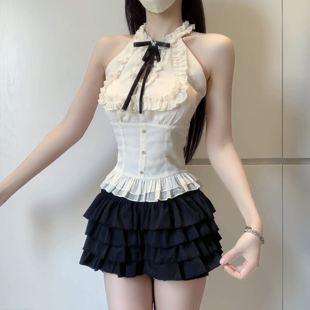 IQCQ轻奢定制纯欲荷叶边无袖挂脖上衣女显瘦甜辣蓬蓬半身裙套装