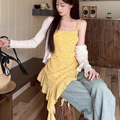 不规则荷叶边碎花红色吊带背心女夏季外穿海边度假叠穿连衣裙上衣