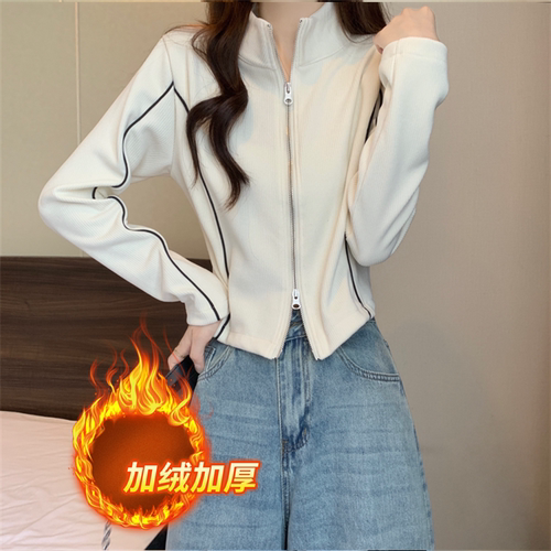 双拉链长袖卫衣女秋冬洋气立领打底衫加绒加厚小外套短款开衫上衣