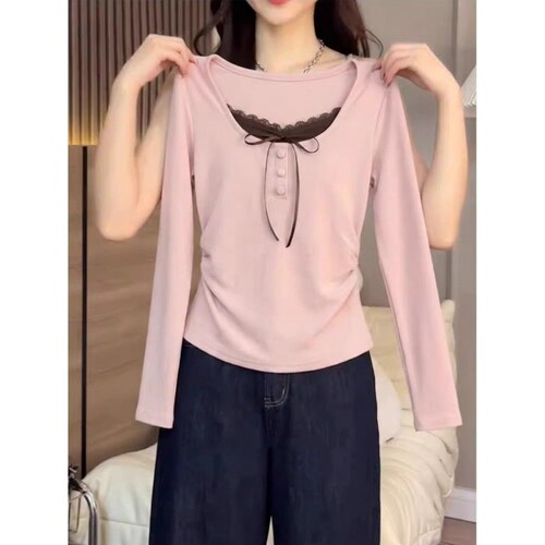 2026春季新款大码假两件长袖上衣色蕾丝蝴蝶结收腰显瘦打底衫t恤