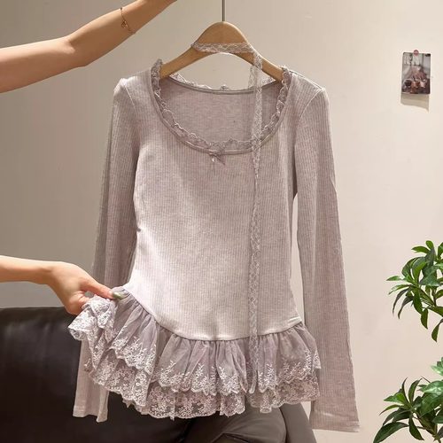 法式初秋设计感下摆蕾丝花边拼接U领长袖T恤上衣2025新款修身女装