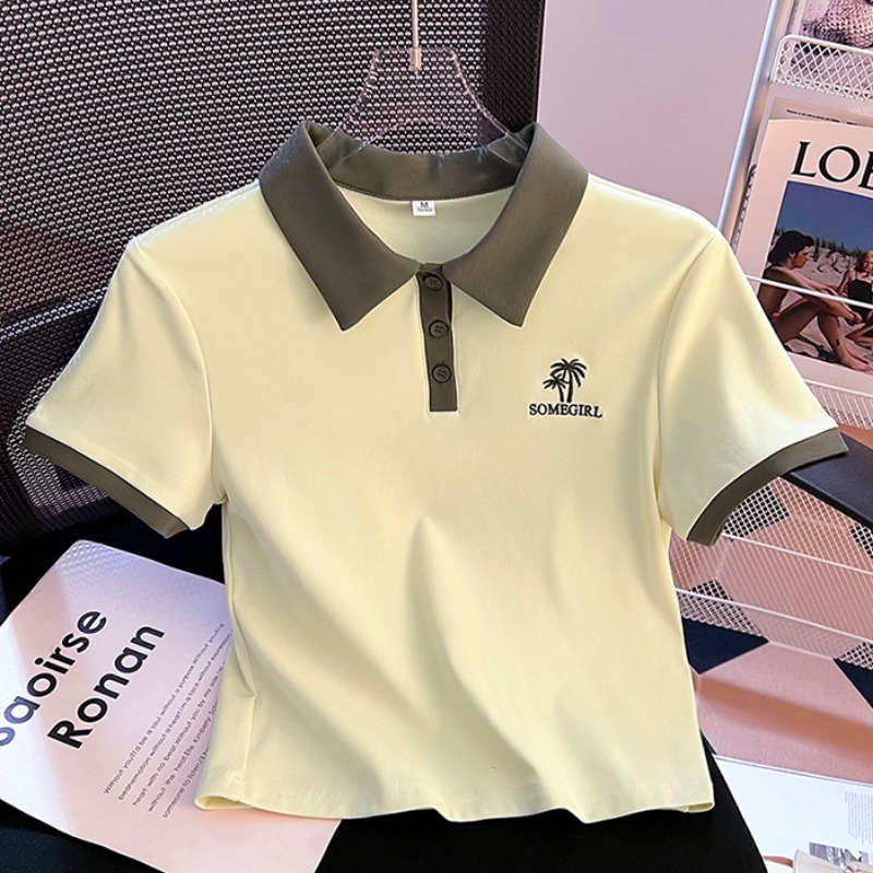 polo领短款夏季正肩长袖上衣修身