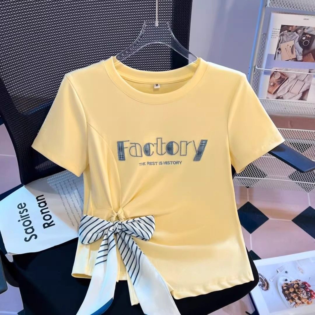 不规则字母刺绣短袖t恤女夏季2026新款修身短款系带蝴蝶结上衣潮