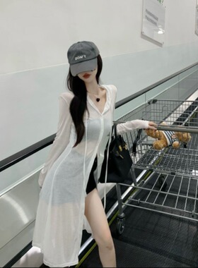 白色防晒衣女夏季2022年新款长款韩版修身薄款连帽空调开衫外套潮