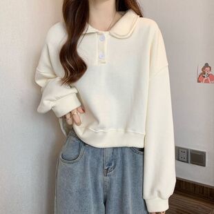 春秋Polo领长袖卫衣女小个子短款oversize设计感美式复古无帽上衣