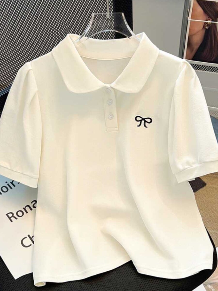 폴로 칼라 오른쪽 어깨 퍼프 슬리브 티셔츠 여성 반팔 2024 뉴 여름 틈새 옷깃 슬림 짧은 탑