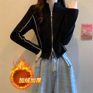 加绒加厚2025新款美式小众休闲立领短款外套女秋冬小个子拉链卫衣