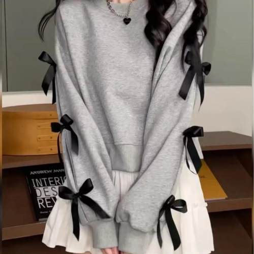 灰色圆领卫衣女春秋2024新款韩版宽松蝴蝶结套头无帽学生短款上衣