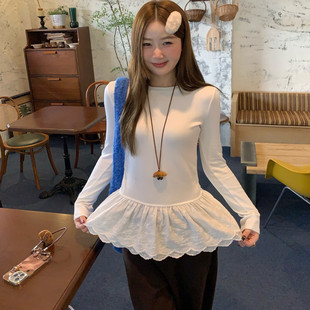 加绒白色打底衫女内搭秋冬2025年新款设计感蕾丝花边下摆加厚上衣
