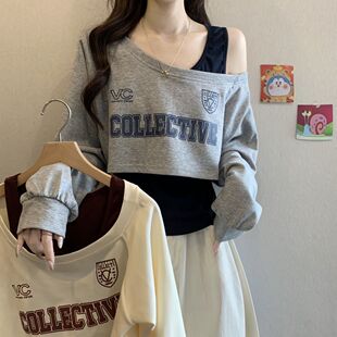 露肩吊带叠穿T恤两件套春秋季 甜辣时尚 胖mm显瘦百搭上衣 女装 大码