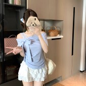 大码 胖MM一字肩斜肩短袖 独特漂亮掐腰露肩上衣设计感显瘦遮肉T恤