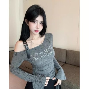 T恤女 上衣性感皮带露肩不规则长袖 美式 y2k辣妹复古做旧露肩短款