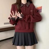 秋冬大码 格子衬衫 拼接假两件卫衣女款 胖mm显瘦宽松韩系Polo领上衣