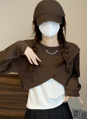 不规则高腰短款上衣女秋冬新款配工装裤打底衫长袖T恤美拉德卫衣