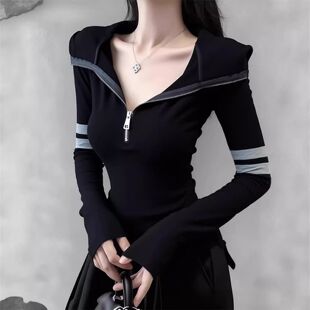 秋冬甜辣妹复古条纹拉链连帽打底衫女内搭高级感修身长袖t恤上衣