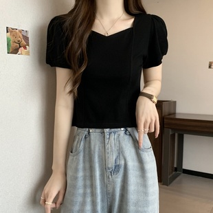 泡泡袖 大码 胖mm显瘦遮肚设计感正肩短款 方领t恤短袖 上衣女 女夏季