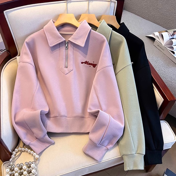 短款小个子设计感半拉链翻领卫衣女2024秋装新款上衣美式复古外套