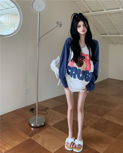 连帽T恤女装秋季薄款长袖设计感小众宽松印花拼接中长款上衣外套