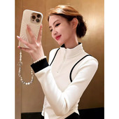 黑白撞色立领半拉链假两件掐腰T恤2026春季 美式 甜辣风chic上衣女