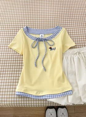 嫩黄色格子拼接假两件绑带短袖正肩t恤女2025新款杏色花苞裙套装