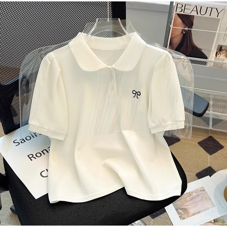 刺绣polo领短袖t恤女2025夏季新款正肩小个子宽松显瘦体恤衫上衣