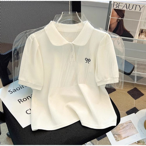 刺绣polo领短袖t恤女2025夏季新款正肩小个子宽松显瘦体恤衫上衣
