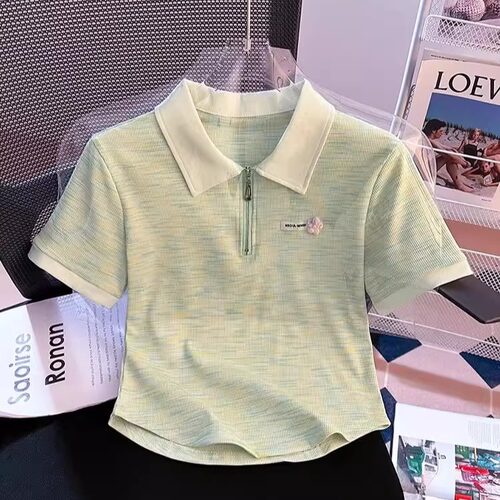 小个子彩虹条纹半拉链polo领短款短袖T恤女2025夏季修身显瘦上衣