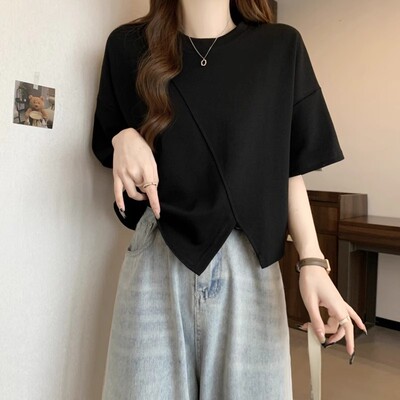 正肩短袖t恤女夏季宽松设计感小众独特别致abg辣妹短款显瘦上衣服