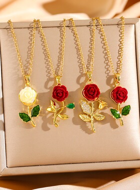高级感红色玫瑰花项链女网红爆款轻奢气质百搭小众设计感精美项链