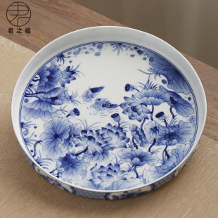 功夫茶盘陶瓷茶台家用茶具盘托小号干泡圆形茶海简约青花瓷茶托盘