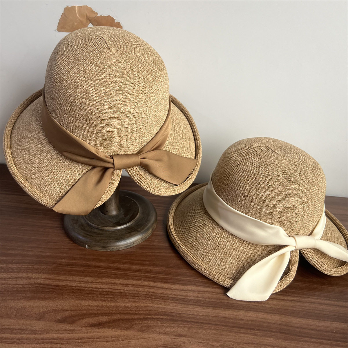 复古盆帽百搭卷边草帽防晒帽女士丝带系带渔夫帽遮阳帽夏季帽子