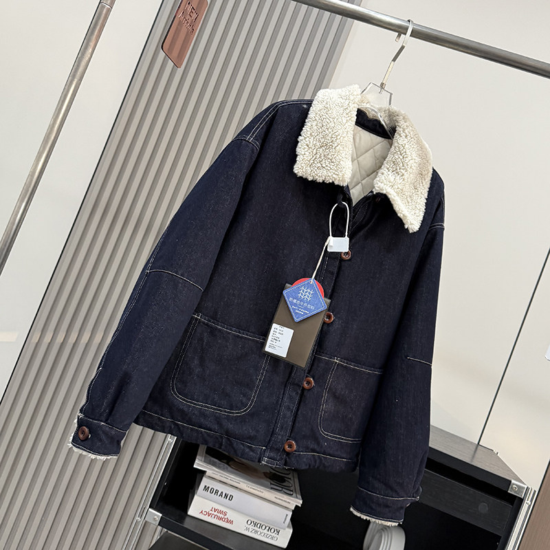 日系复古!冬新品宽松显瘦羊羔毛翻领短款工装夹棉牛仔外套棉服女
