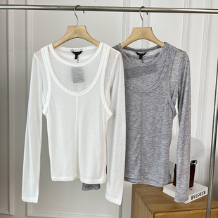 西班牙D~秋季新品ji简修身设计感双层长袖针织衫T恤打底衫女上衣