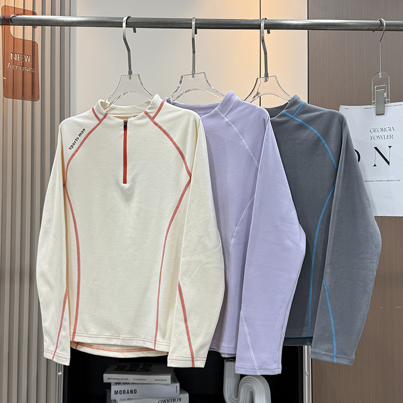 大厂订单！秋冬软糯舒适明线拼接德绒保暖半拉链长袖T恤打底衫女