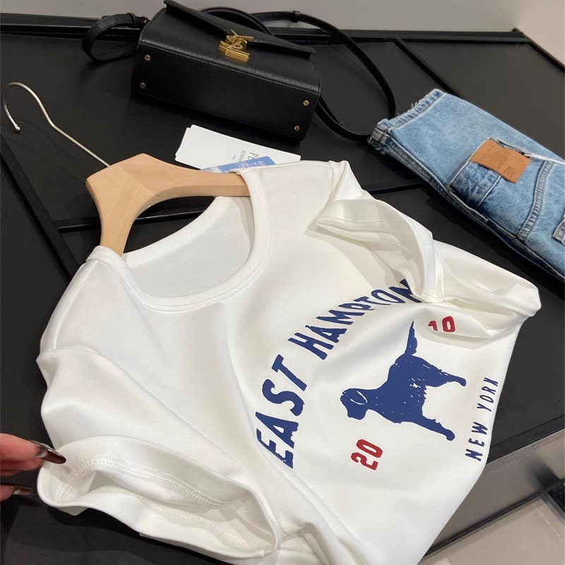 南油高端品质！秘鲁棉复古哑光印花小狗圆领短袖T恤衫上衣女夏新