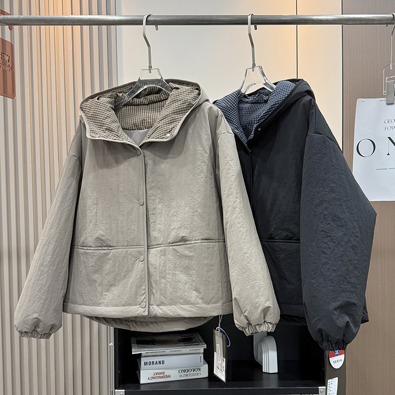 大厂订单！撞色格子拼接宽松防风保暖加厚蓄热连帽棉衣棉服外套女