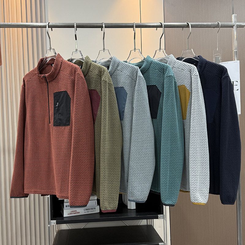 大厂订单！情侣款波浪纹肌理感户外徒步登山半拉链抓绒衫套头卫衣
