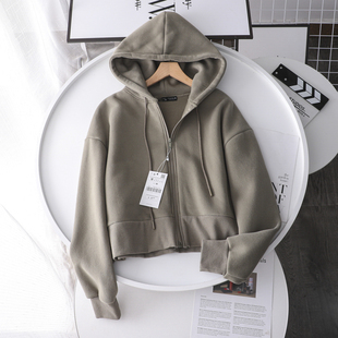 西班牙D~2022秋冬新品时髦高腰短款显瘦拉绒连帽休闲卫衣外套女