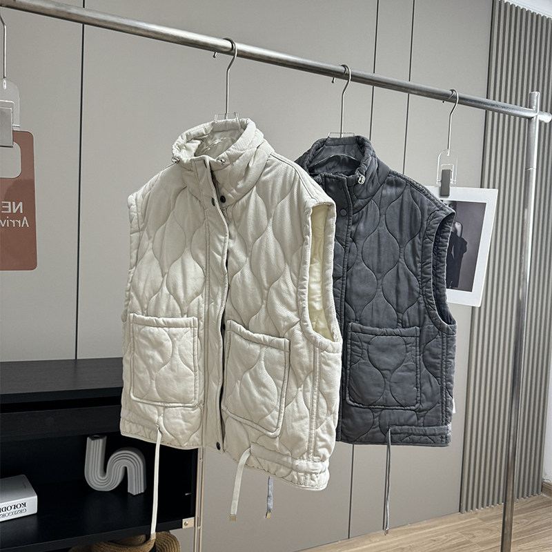 西班牙D~复古宽松抽绳立领无袖外穿棉服背心叠穿马甲外套女秋冬