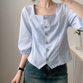 条纹单排扣衬衫 西班牙D 清新简约设计感方领中袖 新品 女上衣 夏季