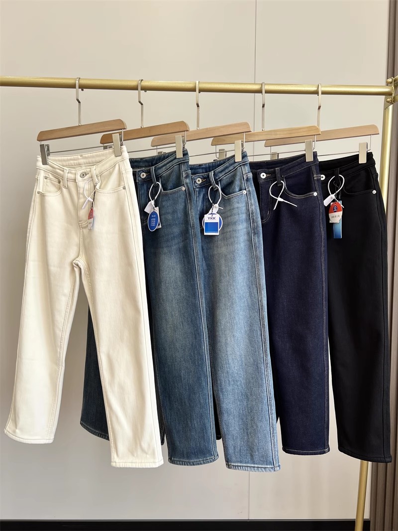 加绒加厚保暖直筒法棍裤牛仔裤女