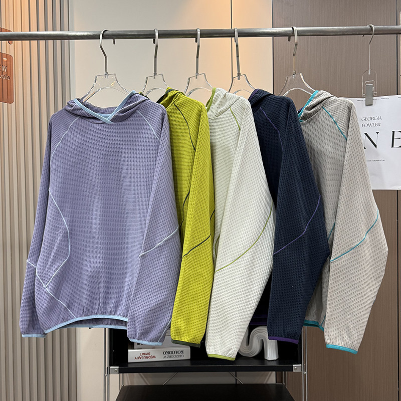 大厂订单！男女款轻量化宽松户外吸湿速干华夫格连帽长袖卫衣T恤