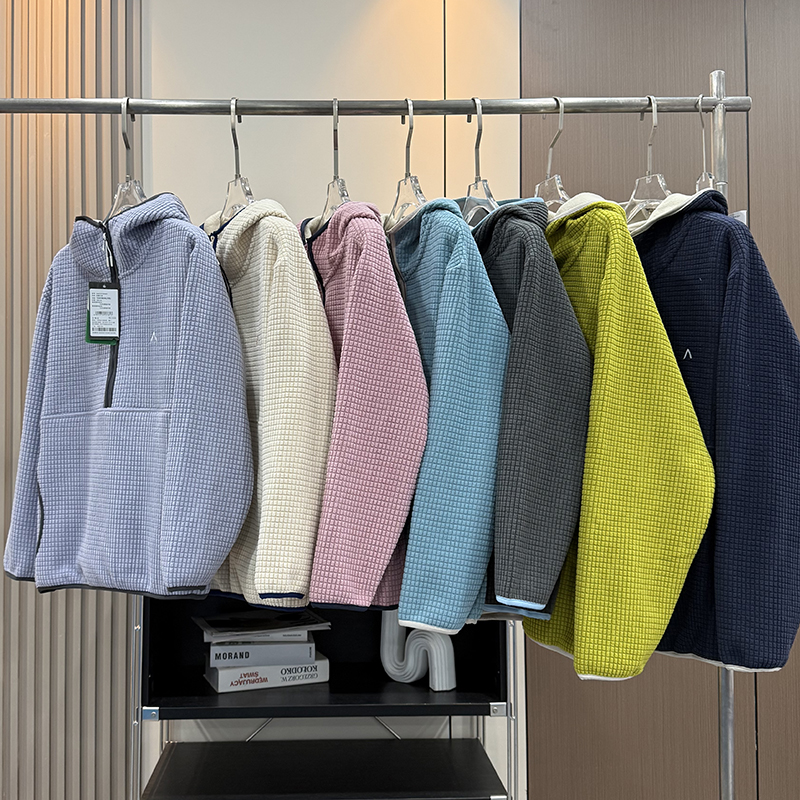 大厂订单！情侣款秋冬华夫格加绒保暖户外山系连帽套头卫衣抓绒衣