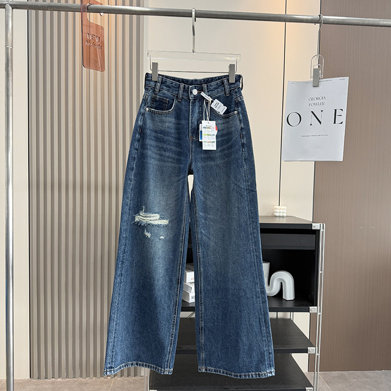 假破洞时髦设计感！松弛感慵懒风高腰宽松显瘦直筒阔腿牛仔裤女秋