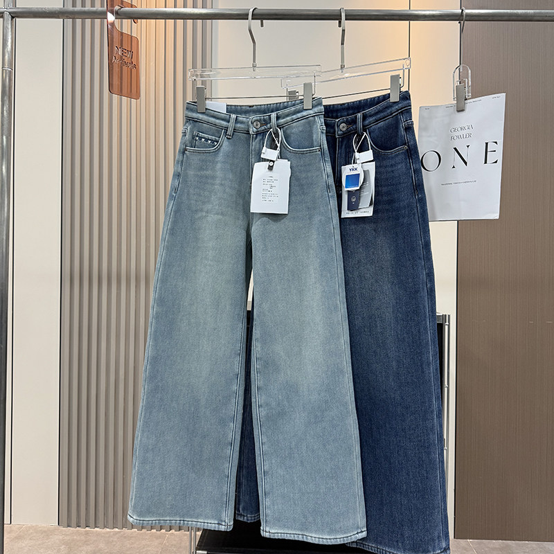 一条过冬！加绒加厚保暖弹力刺绣垂感直筒阔腿裤牛仔裤拖地长裤女