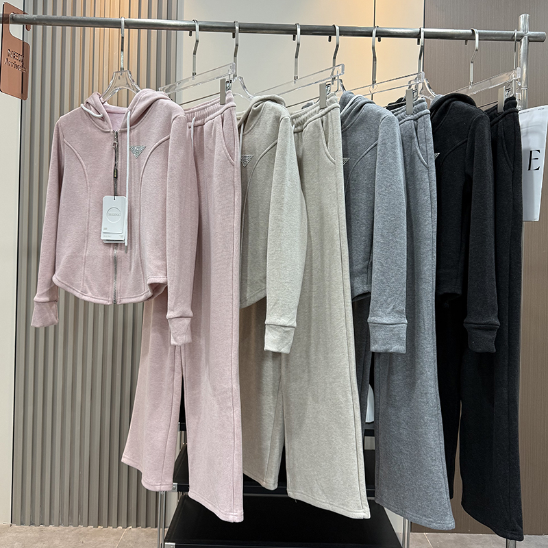 大厂订单！鱼骨腰线显瘦抓绒连帽卫衣微喇叭运动卫裤套装女秋冬