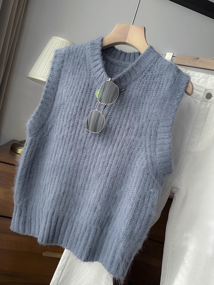 圆领马海毛混纺无袖针织背心女春