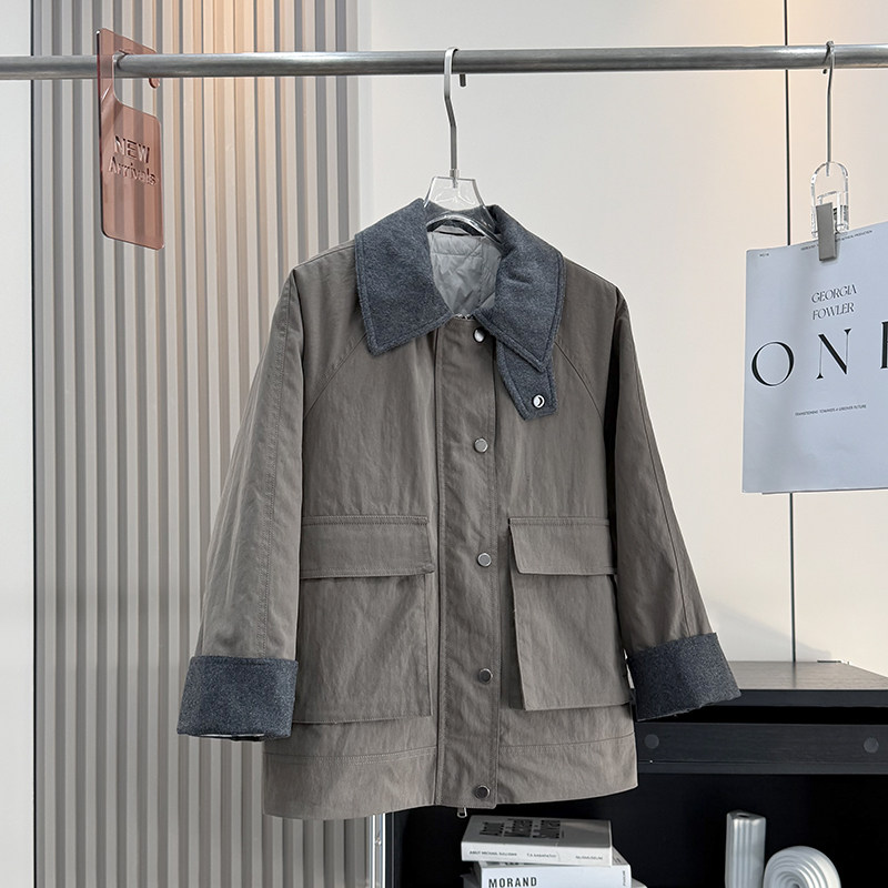 木巨4W+老钱风羊毛翻领夹棉工装夹克短款风衣保暖棉服外套女秋冬