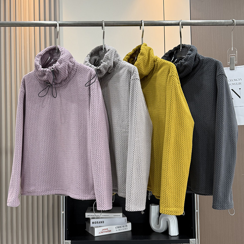 大厂订单！秋冬复古抽绳设计高领柔软亲肤抓绒套头长袖卫衣外套女