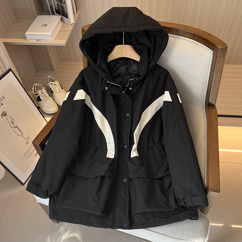 加厚绗缝撞色连帽羽绒服外套女冬